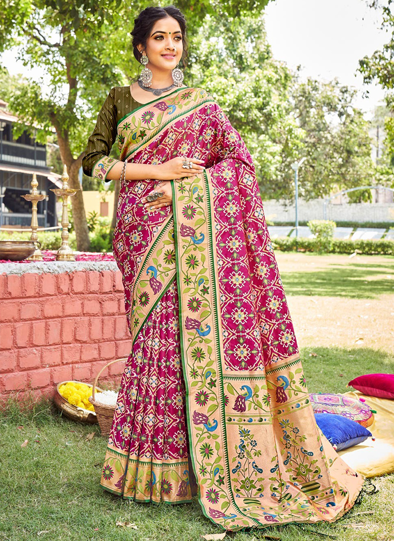 Blue-red multicolor pure patola silk with paithani geometric pallu – Thath  Banaras