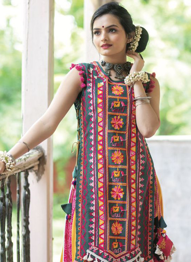 Multi Color Fancy Navratri Wear Embroidery Work Kurti With Skirt