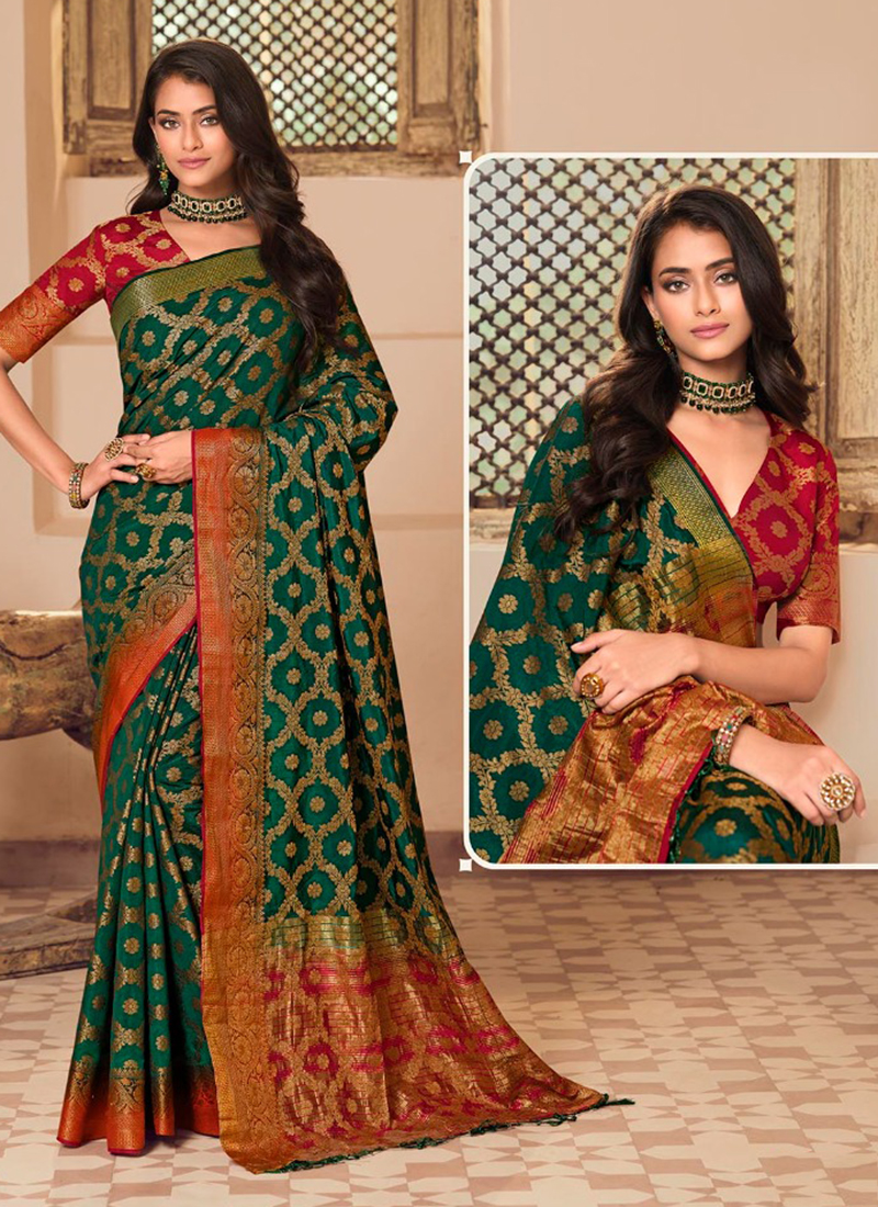 Women green cotton silk weaving wedding wear saree main image 1