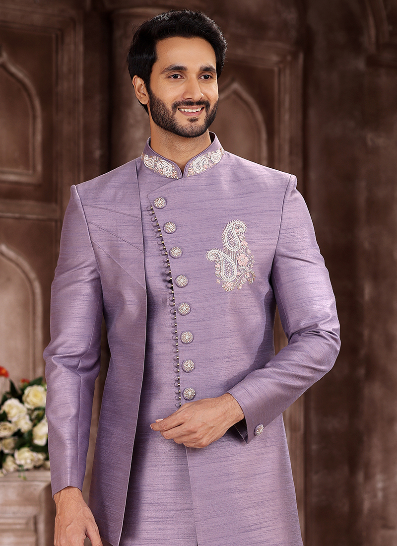 Purple Art Silk Wedding Wear Embroidery Work Sherwani