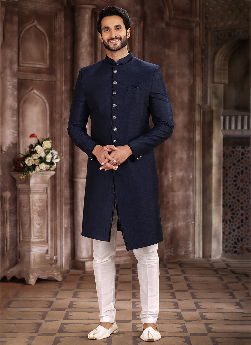 Blue Art Silk Wedding Wear Embroidery Work Sherwani
