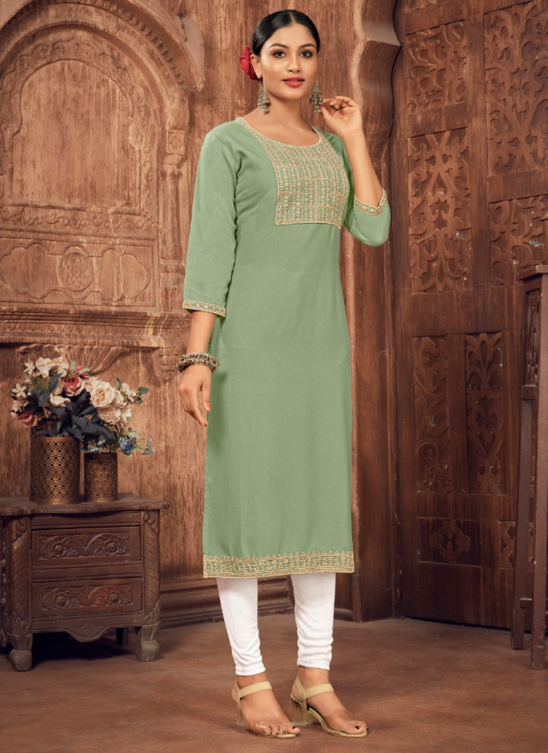 Rayon Embroidery Kurti In Pista Green Colour - KR5415755