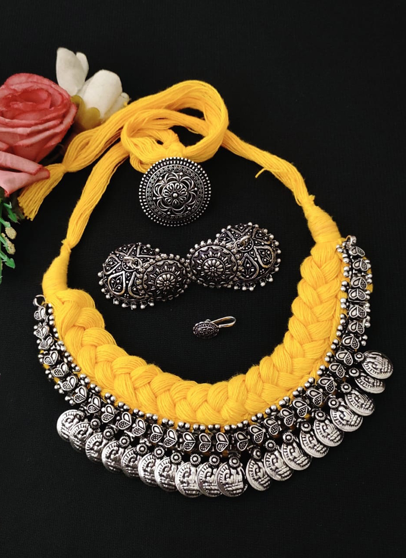 Buy Yellow Beautiful Oxidised Thread Choker Combo Set Online From