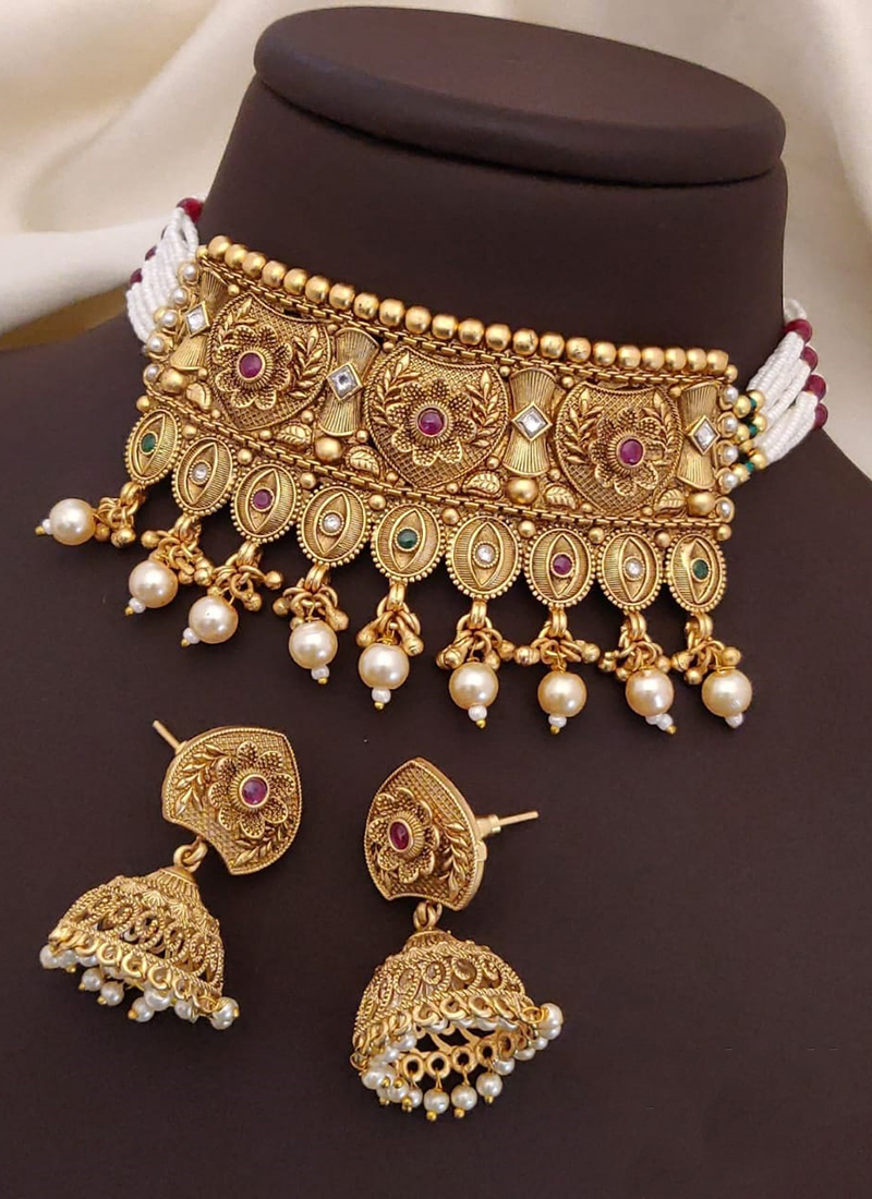 Buy Trendy Brass High Gold Antique Choker Set with Beautiful