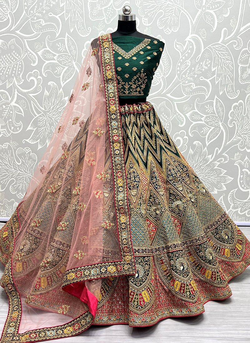Buy Green Silk Reception Wear Thread Work Lehenga Choli Online From ...