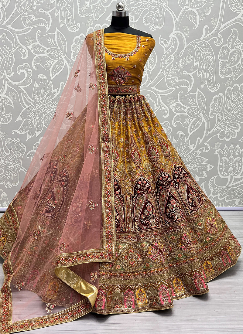 Elegant Parrot Green Lehenga with Floral Embroidery Border