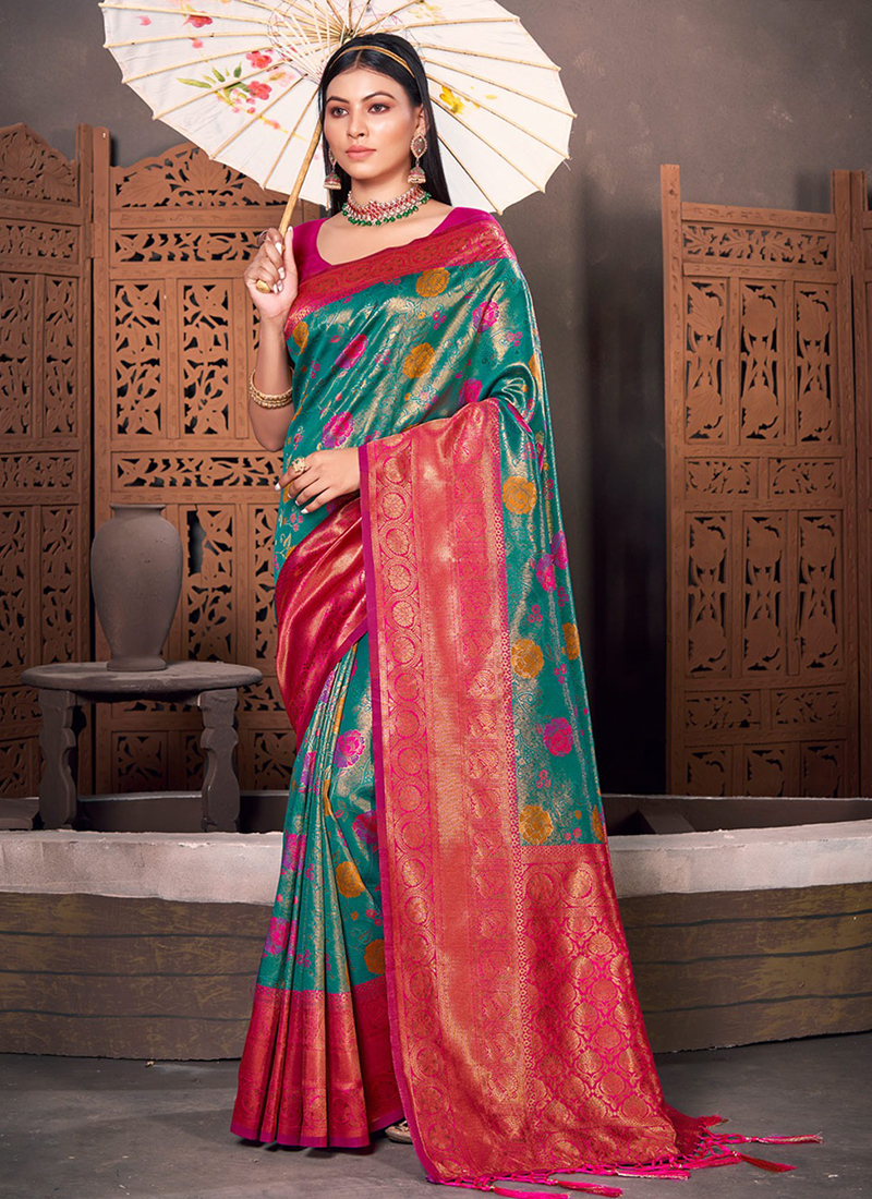 Buy Firozi Silk Traditional Wear Kanjivaram Saree Online From