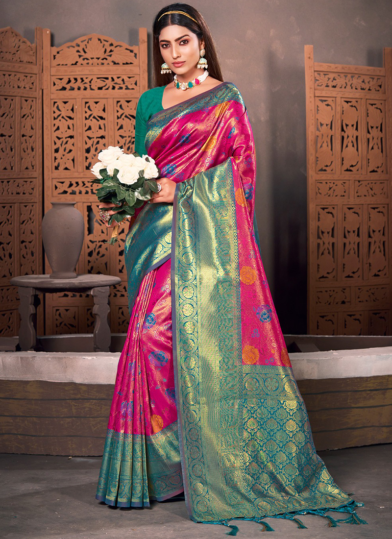 Bright Green Tissue Kanjivaram Saree With Floral Jaal Weaving | Singhania's