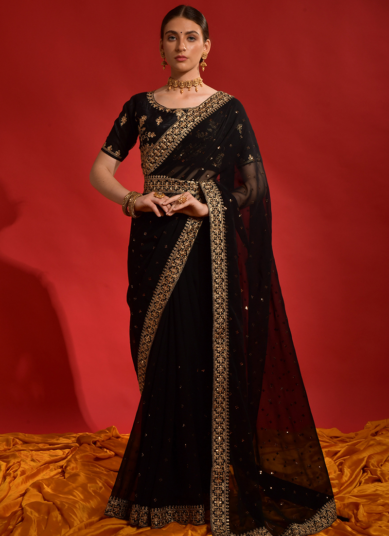 Pink black Charismatic Georgette Fancy Party Wear Saree | Lovely Wedding  Mall