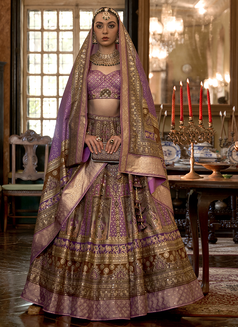 LAVENDER PURPLE HEAVY EMBROIDERED PREMIUM NET DESIGNER LEHENGA –  zarikaariindia.com