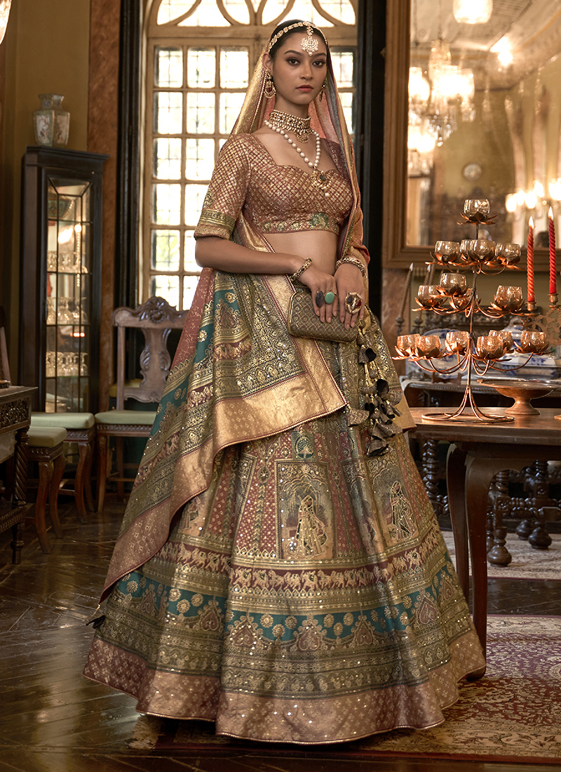 Multicolor Wedding Wear Woven-Embellished Banarasi Silk Lehenga Choli