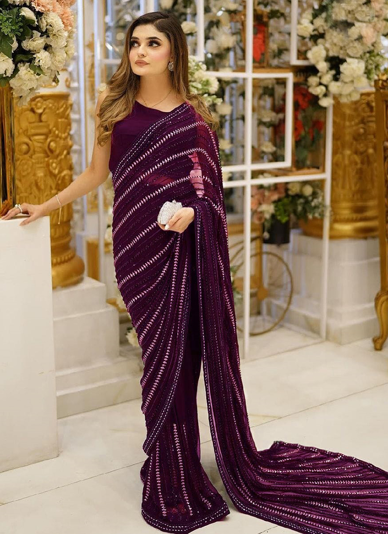 Sequinned Net and Satin Half N Half Saree in Wine : SFS1124