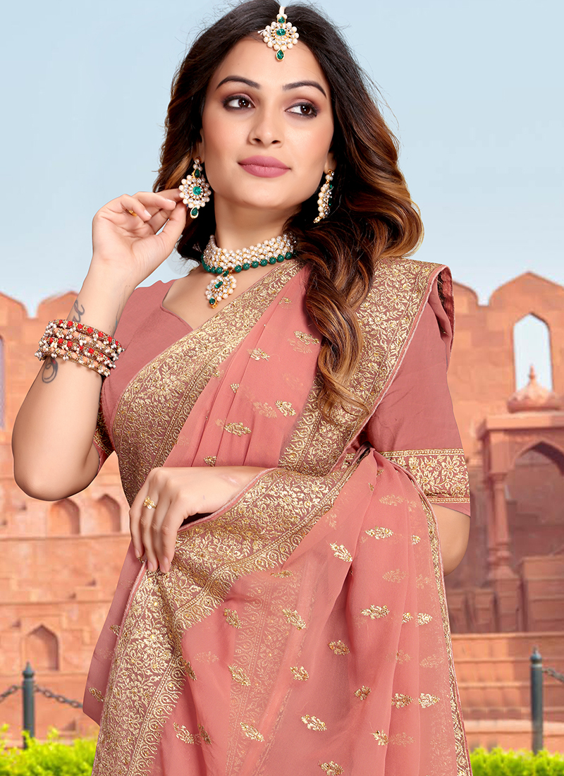 Dusty Pink Rose Border Saree – Threads & Blocks