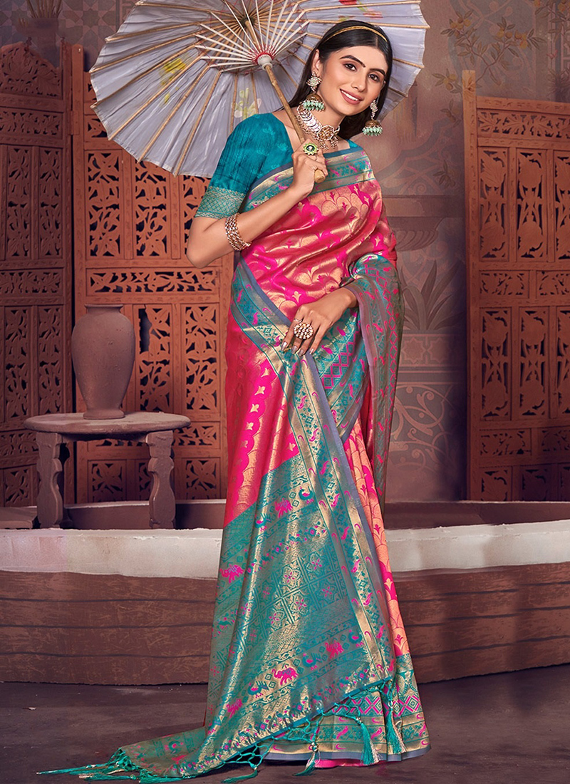 Buy Mimosa Green Floral Print Art Silk Kanjivaram Saree With Blouse for  Women's Online @ Tata CLiQ