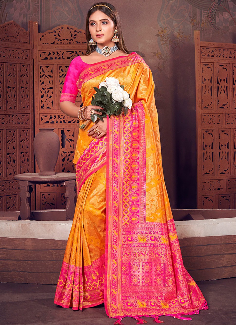 Kanjivaram Silk Yellow Saree with Handwork Blouse – Sunasa