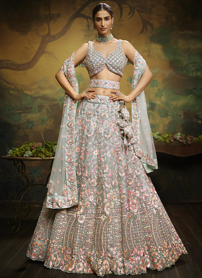 Buy Blue N Pink Embroidered Lehenga Set Party Wear Online at Best Price |  Cbazaar