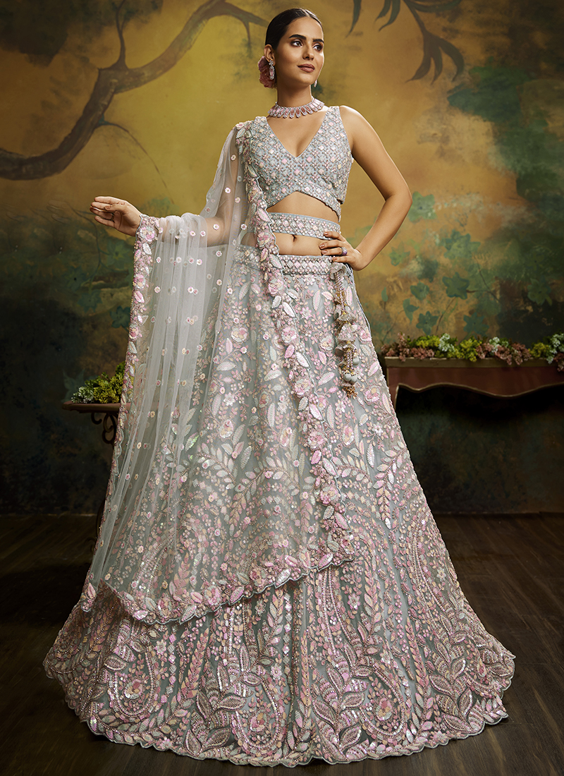 Buy Green Satin Lehenga With Pink Choli Online - LLCV00465 | Andaaz Fashion