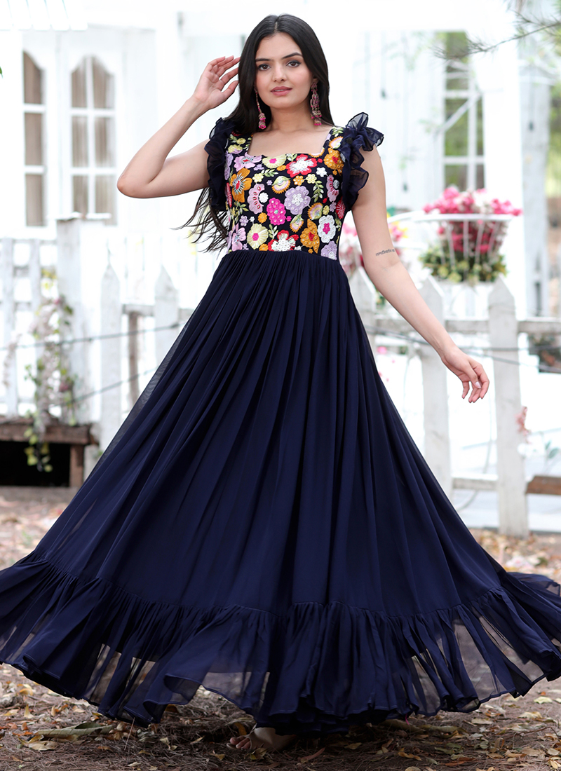Buy Navy blue Faux Georgette Party Wear Embroidery Work Gown