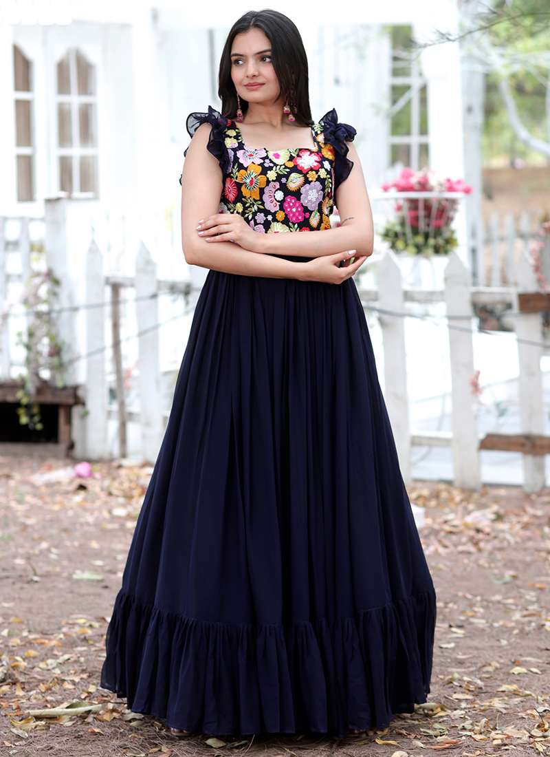 Buy Navy Blue Asymmetric Gown Online in USA with Embellished Belt – Pure  Elegance