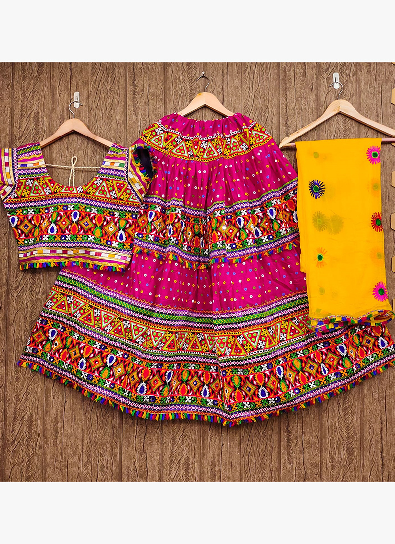 Pink Yellow Rayon Cotton Navratri Wear Mirror Work Lehenga Choli ARH50 4