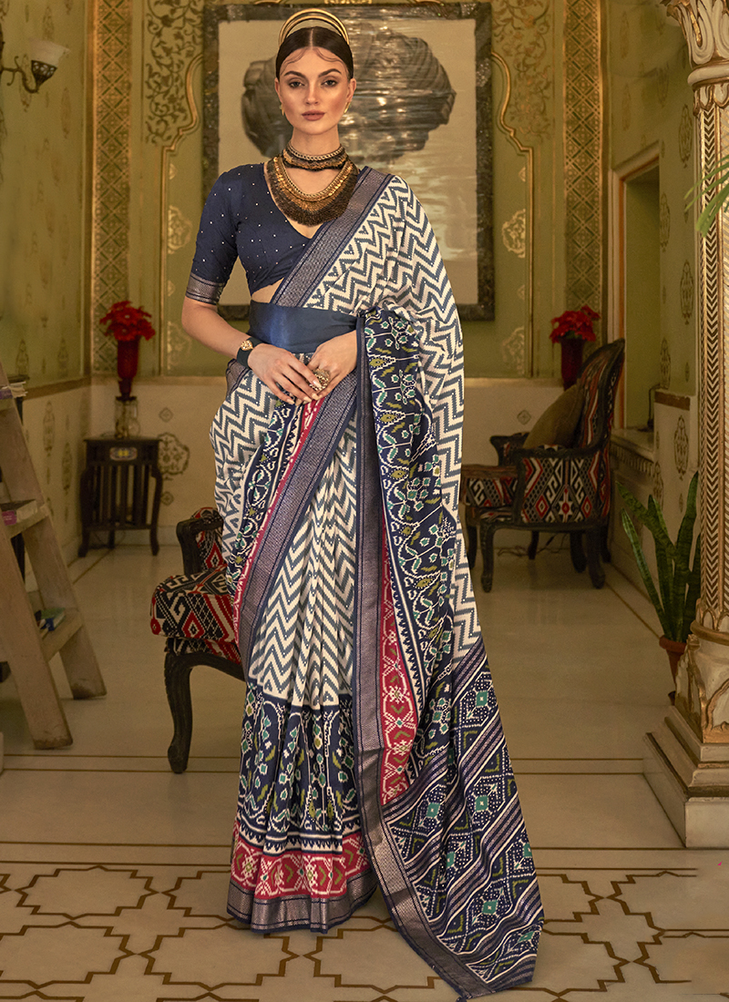 Indigo Blue color Designer handwork Pure Patola Silk Saree Online