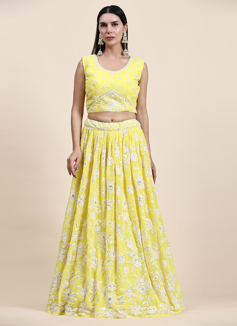 Yellow Embroidered Netted Lehenga Choli