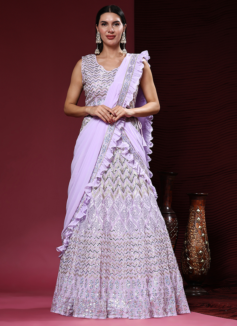 Buy Lilac Viscose Georgette Wedding Wear Embroidery Work Ready To