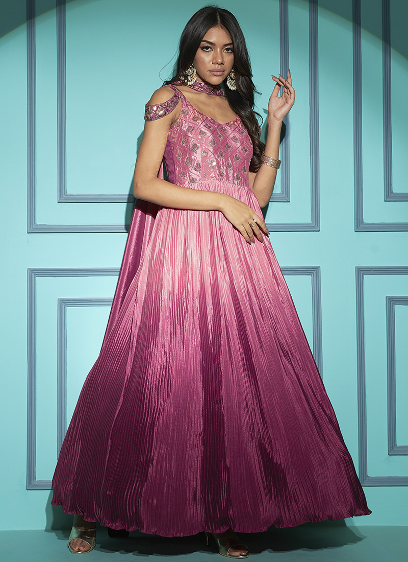 Buy Dusty Pink Chinnon Party Wear Embroidery Work Gown With Dupatta Online From Wholesale Salwar