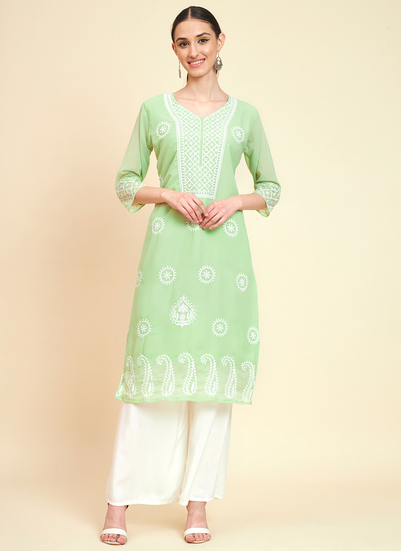 Pista Green Georgette Regular Wear Lucknowi Work Kurti SNEHA 1575E