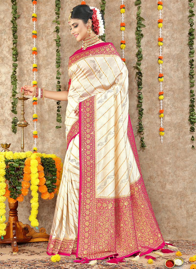 Cream And Dark Pink Banarasi Katan Silk Saree Online – ViBha