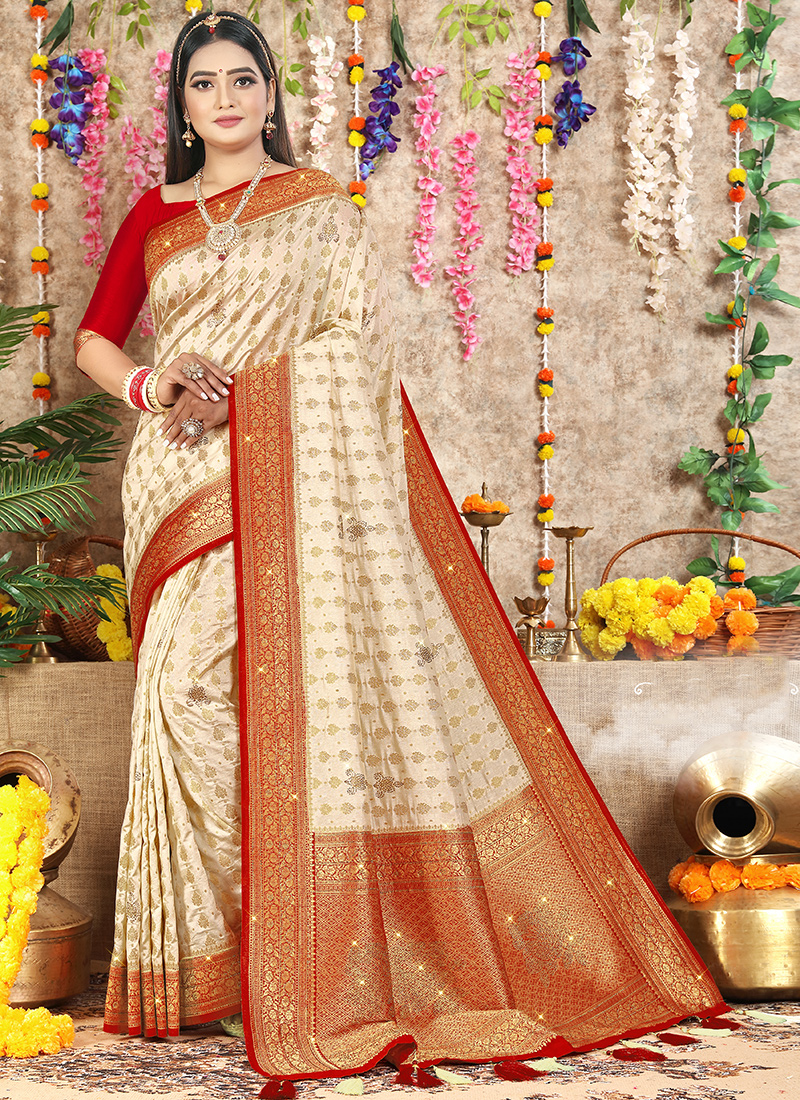 Buy Cream & Red Patola Printed Silk Wedding Saree From Ethnic Plus