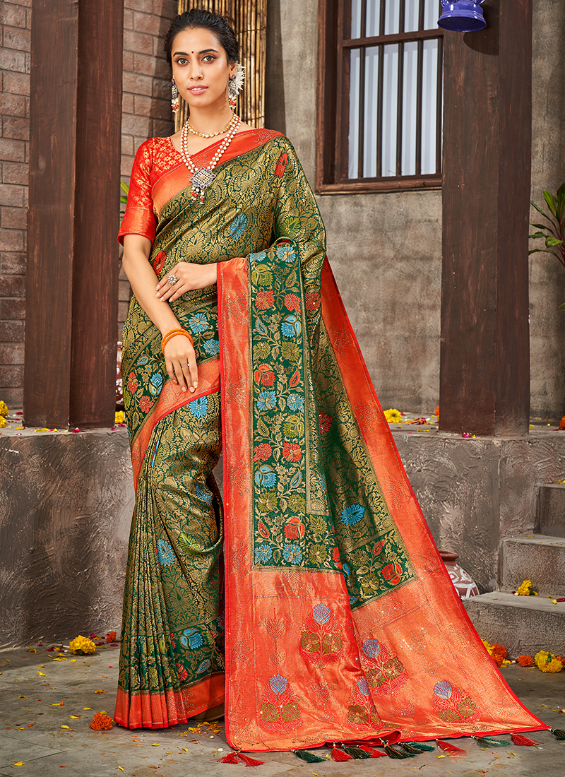 Buy Pure Kanjivaram Silk Saree With Green Colour Gold Zari Brocade,beautiful  Rich Pallu &women Saree,indian Saree,wedding Saree,party Wear Saree Online  in India - Etsy