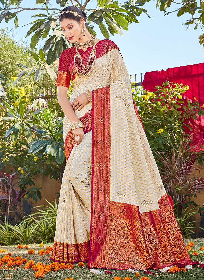 Buy White Red Color Bengal silk Bengal Handloom Saree (With Blouse - Silk)  MN252213 | www.maanacreation.com