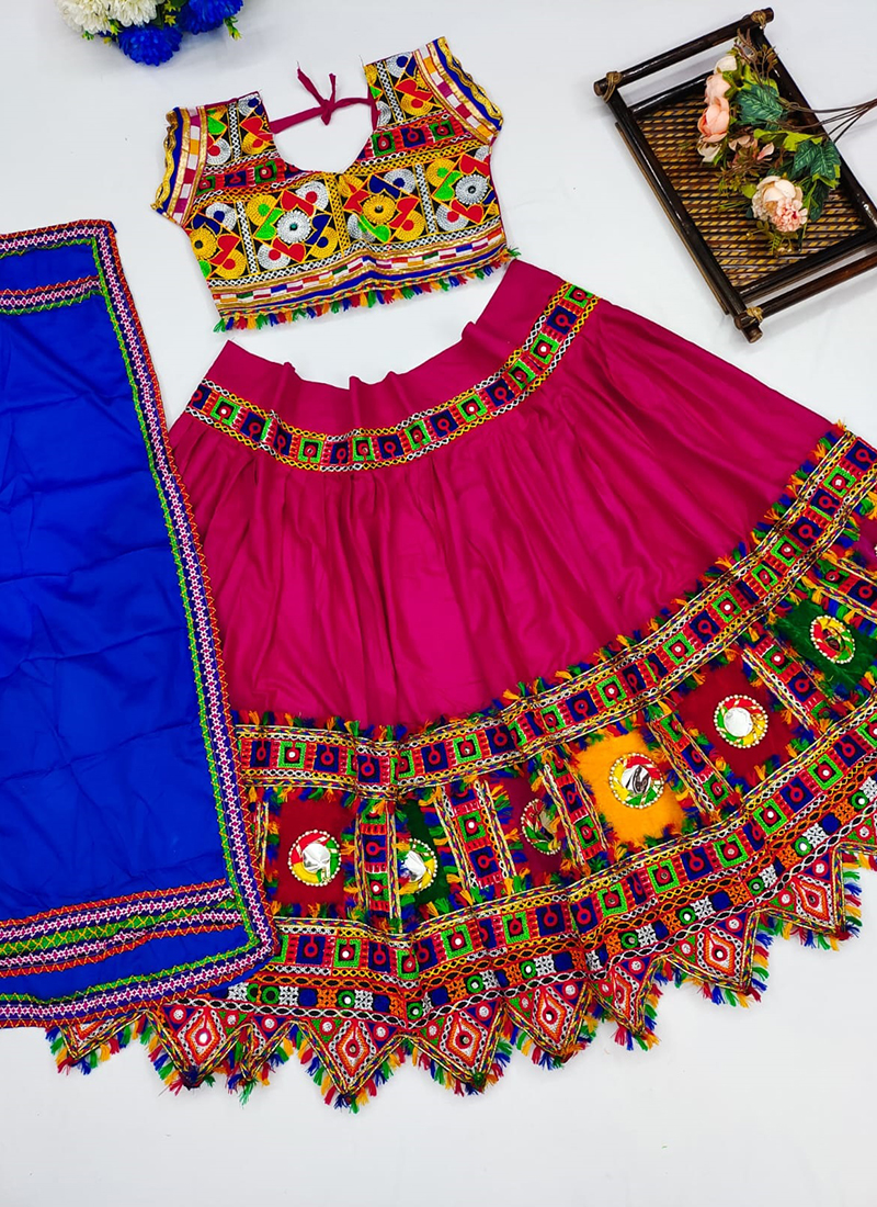 Rani Pure Cotton Navratri Wear Mirror Work Lehenga Choli For Girls