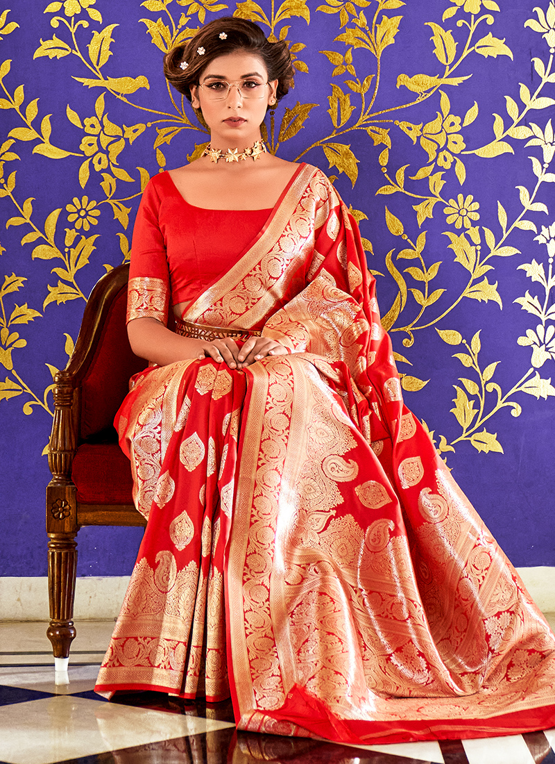 Cognac Red Zari Woven Banarasi Soft Silk Saree – MySilkLove