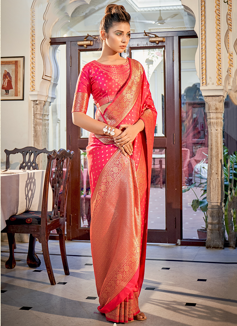 Dark Peach Yellow and Carnelian Red Crepe and Net Jacquard Saree Sku  Code:37-4578SA256031 $ 124.00 | Party wear sarees, Wedding saree indian,  Saree designs