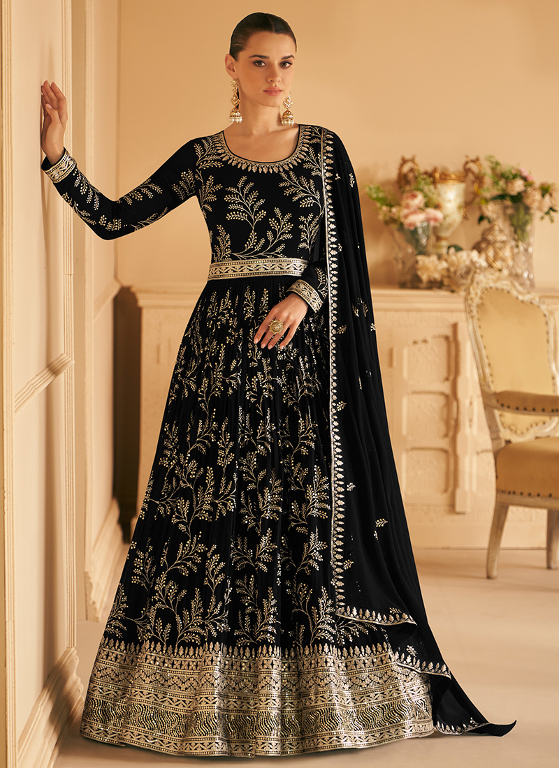 Black Golden Sequence Embroidery Wedding Anarkali Gown - Hijab Online