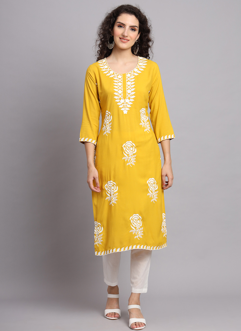 Yellow Rayon Printed Alia Cut Kurti With Pant And Dupatta