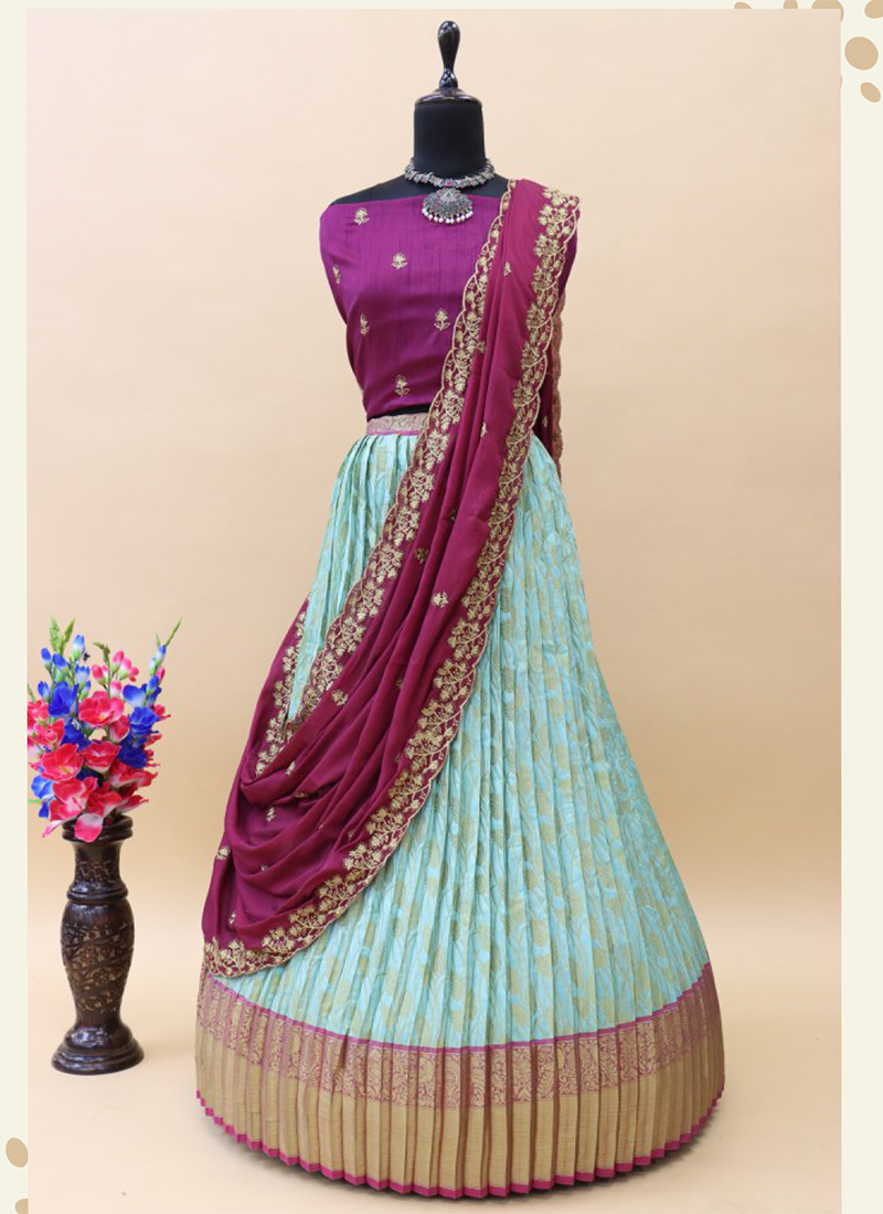 Jacquard Pattu Banarasi Silk Wholesale Lehenga Cholis 5 Pieces