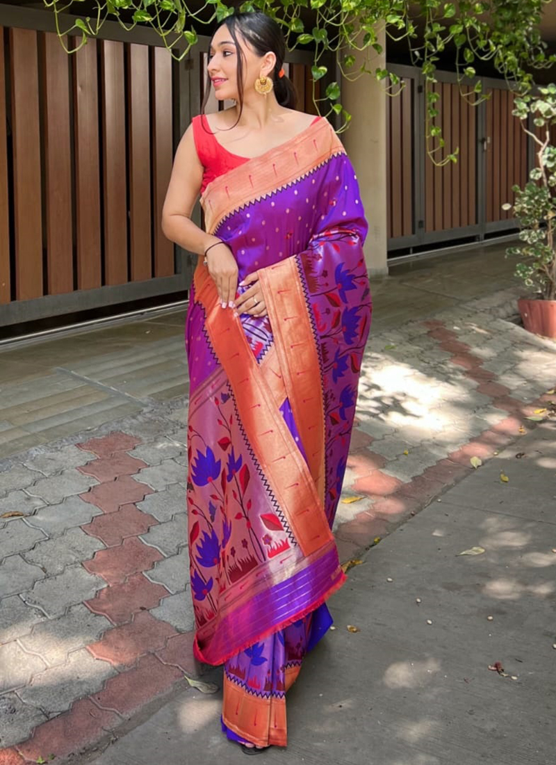 Buy Purple Banarasi Silk Traditional Wear Paithani Saree Online From Wholesale Salwar.