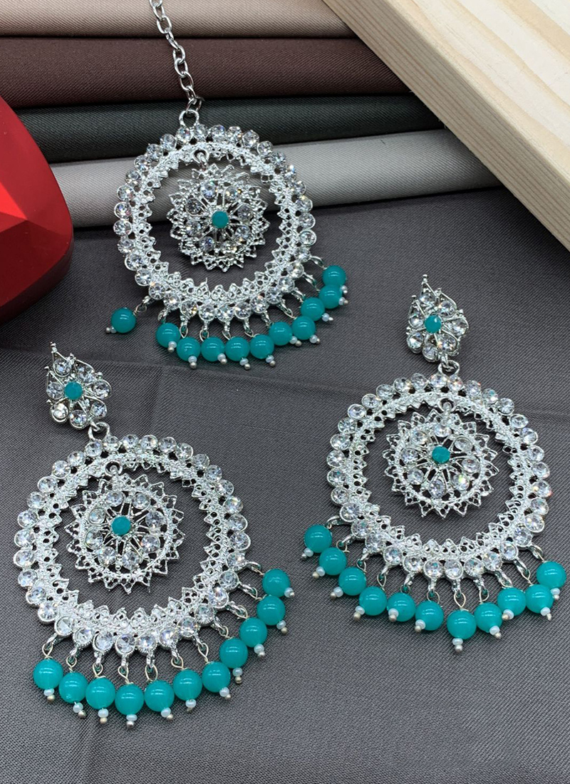 Buy Sky Blue Stone Earrings With Maang Tikka Online From Wholesale