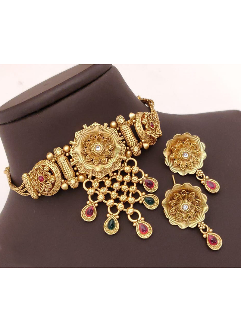 Buy New Brass High Gold Antique Choker Necklace set Online From