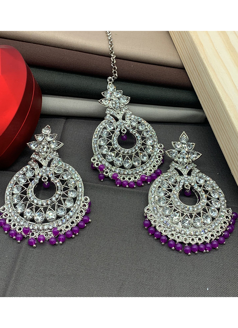 Purple Silver Stone Studded Earrings With Maang Tikka 40%20AA