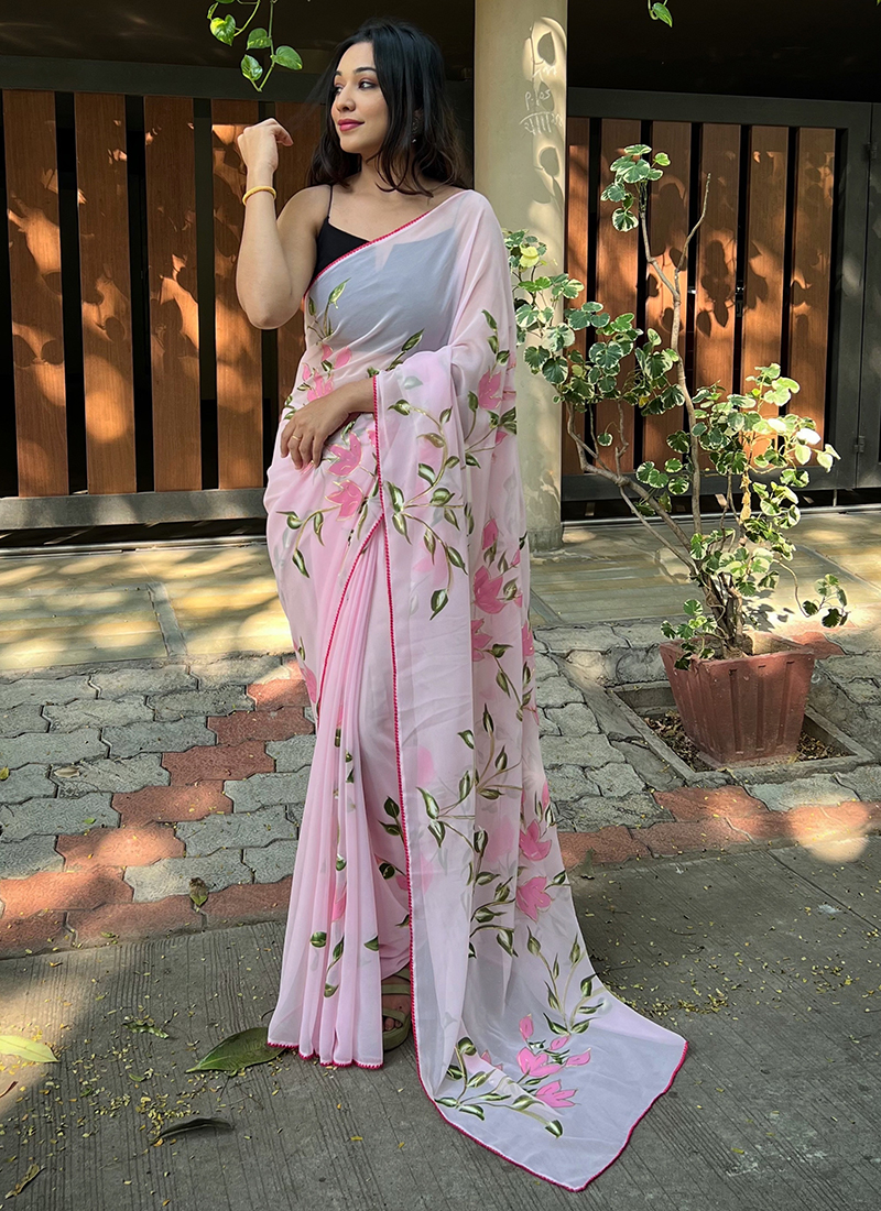 Light Pink Colored all over Designed Semi Georgette saree with Jari Patch  work Border and Dark Pink Colored Desig… | Saree designs, Utsav fashion,  Party wear sarees