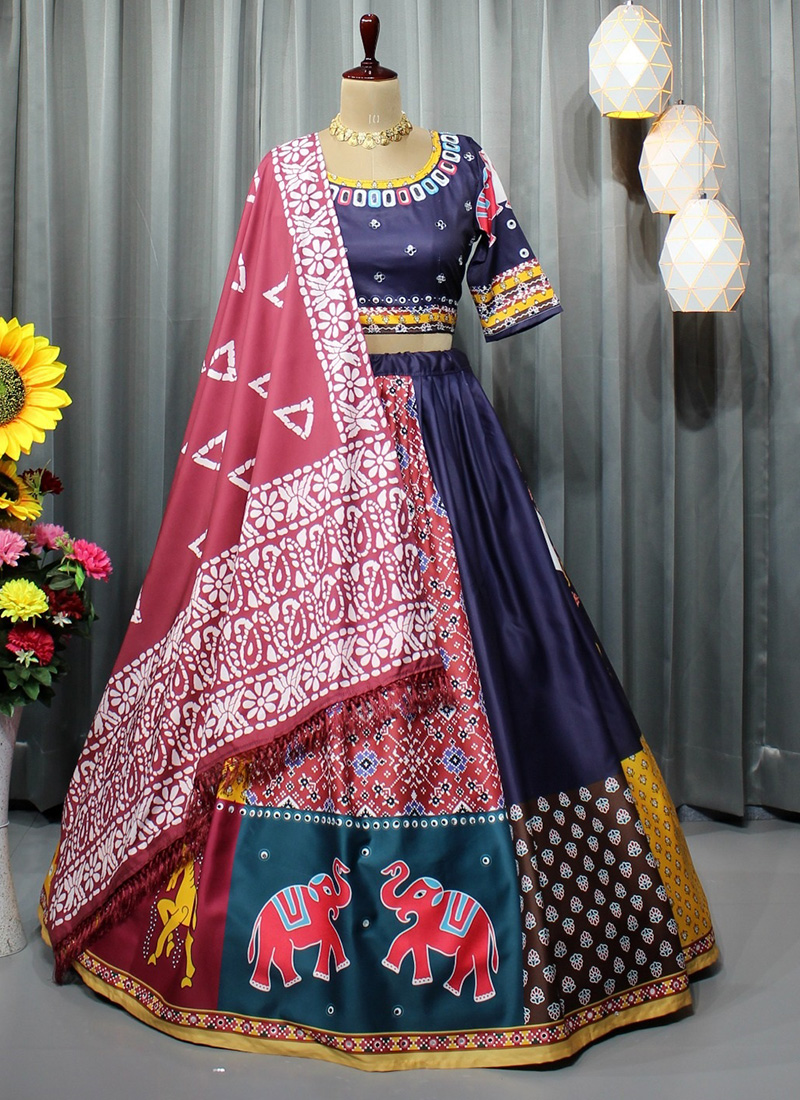 Gleaming Navy Blue-Red Colored Partywear Embroidered Jacquard Silk Lehenga  Choli