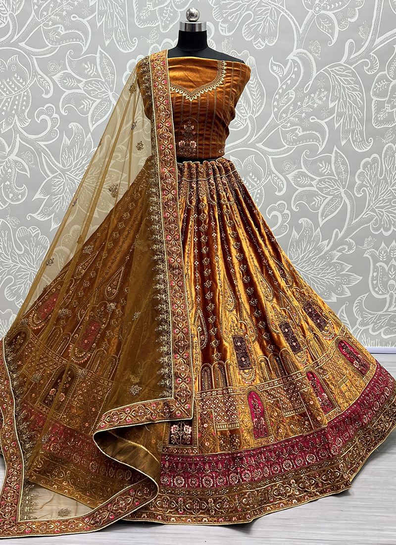 Golden Color Soft Net Wedding Wear Designer Lehenga