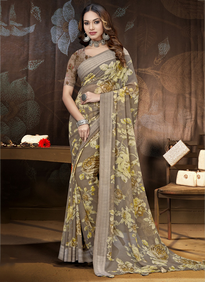 Buy Exquisite Brown Linen Blend Block Print Saree At Shopgarb – Shopgarb  Store