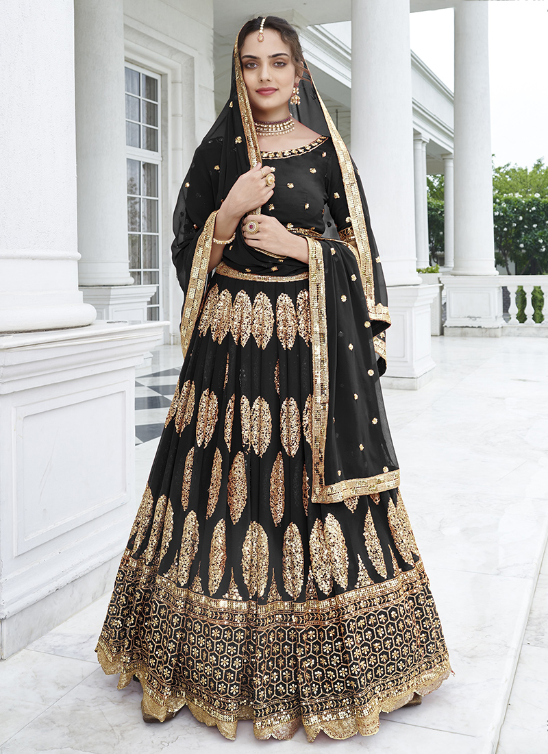 Buy Wedding Wear Black Zari Work Chinnon Lehenga Choli Online From Surat  Wholesale Shop.