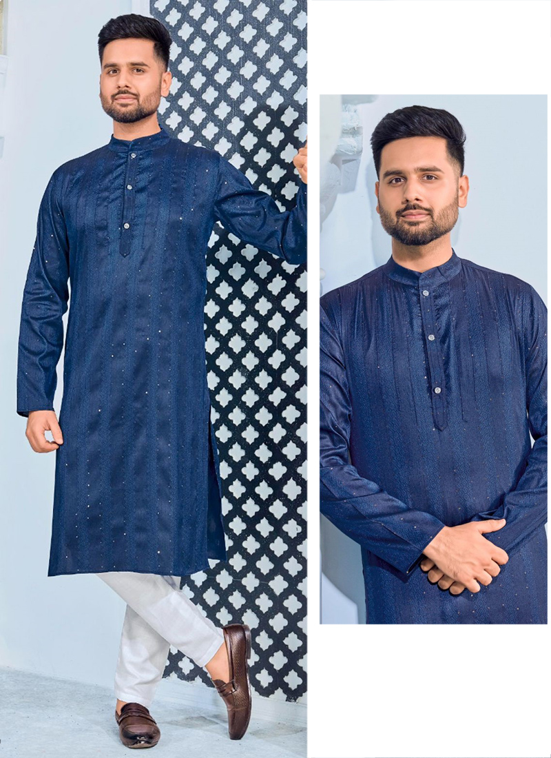 Blue Kurta Pajama Jacquard Silk main image 1