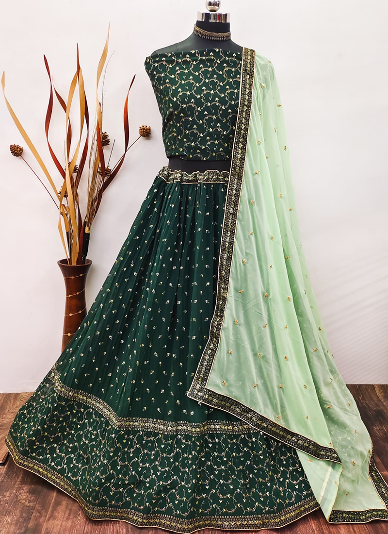 Bottle Green Embroidered Velvet Lehenga – Lashkaraa